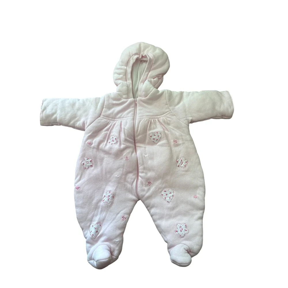Friedknit Creations Pink Hooded Pram‎ Suit 3M Floral Heart Embroidered Bunting